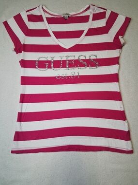 GUESS Hot Pink and White Striped V-Neck Tee with Rhinestone Logo